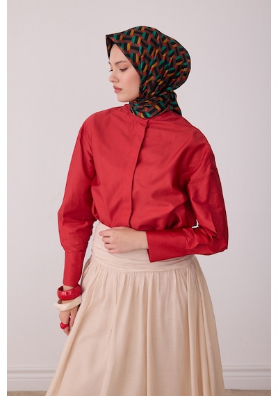 Belli Geometrik Desen %100 Twill İpek Eşarp Be07 Kahverengi-hardal
