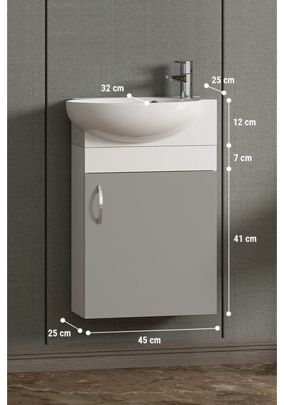 Lale 45 Cm Beyaz-sis Gri Mdf Seramik Lavabolu Asma Alt Banyo Dolabı