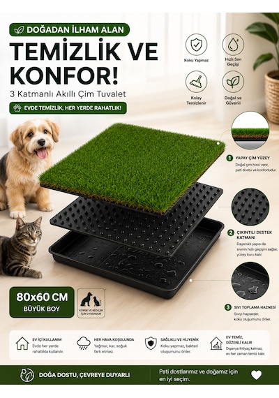 Premium Akıllı Çim Tuvaleti Kedi Ve Köpekler İçin 3 Katlı Yıkanabilir Büyük Boy 80x60