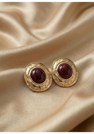 Bordo Taşlı Gold Çelik Küpe Bordo - 868799360 Bordo
