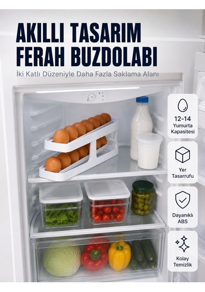 Buzdolabı Yumurta Düzenleyici İki Katlı Kayar Raylı Yumurta Organizeri - Lisinya Çok Renkli
