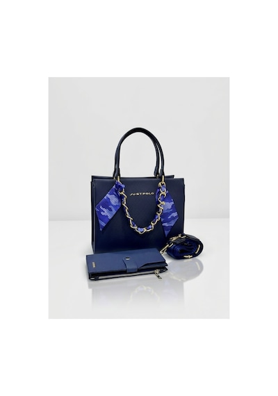 Just Polo Kadın Gold Zincirli Şal Detaylı Şık El & Omuz Çantası Ve Cüzdanı Kombin Shopper Ebat: 20 X 25 Cm Lacivert 15498367
