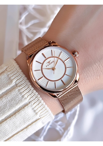 Ferro Hasır Kordonlu Rose Gold Kararmaz Renk Atmaz 3 Atm Özel Tasarım Kadın Kol Saat 21152cwt-c