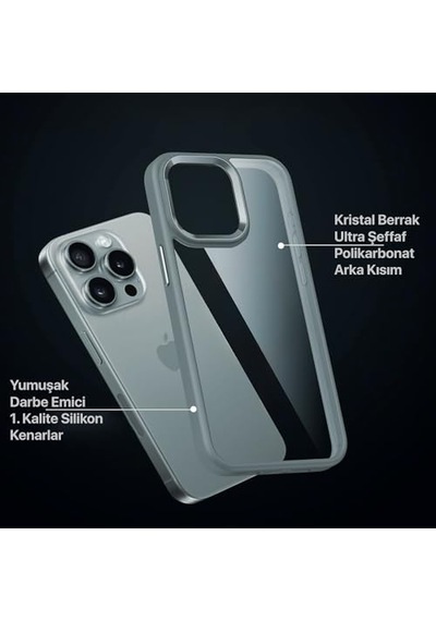 Tr İphone 15 Pro Max İçin Hybrid Serisi Arkası Kristal Şeffaf Polikarbonat Kenarları Silikon Kamera Lens Çerçevesi Diğer