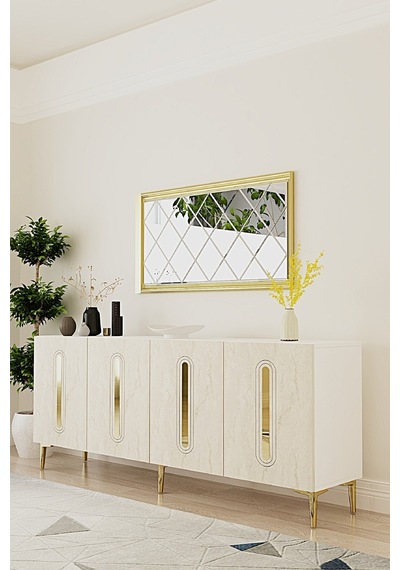 Ka1810btg Rany Konsol ,tv Sehpası Beyaz-traverten-gold 180cm