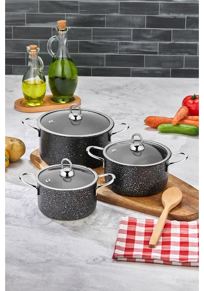 Polochef Hilal Granit 3'lü Mini Tencere Seti 12-14-16 Cm Kapaklı Siyah Siyah