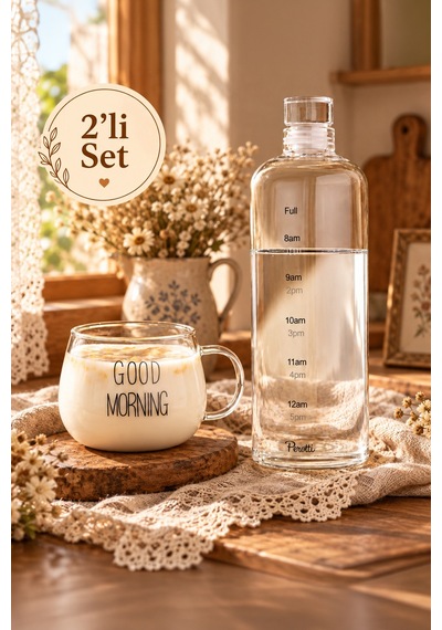 Porsima Motivasyon Saat Çizgili Cam Başucu Sürahisi Ve Good Morning Yazılı Borosilikat Kupa Seti 1000 Ml Sürahi + 400 Ml Kupa