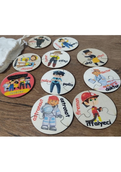 Türkçe Ingilizce Meslekler Ahşap Renkli Puzzle 9 Araç 27 Parça