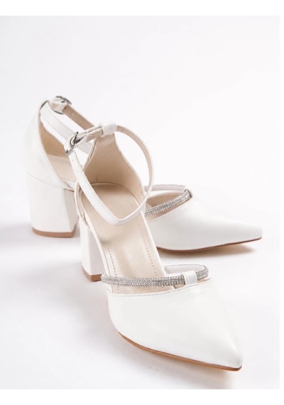 Mergenshoes T011 Beyaz Taşlı 5 Cm Kalın Topuk Kadın Ayakkabı