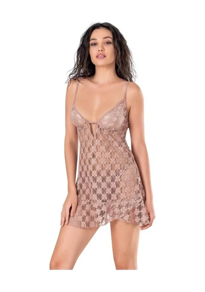 Ang Butik Kadın Dantel İşlemeli Vizon Kısa Tül Gecelik