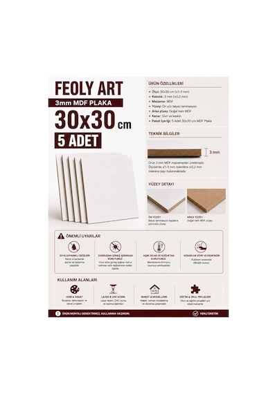 3 Mm 30x30 Mdf Plaka 5 Adet - Hobi, Maket, Ahşap El Sanatları İçin Uygun 5 Li Paket