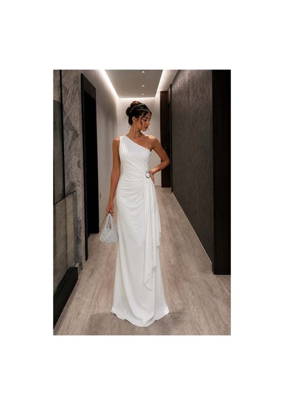 DefyModa Kadın Modern Stil Tek Omuz Kemerli Maxi Abiye Elbise Beyaz