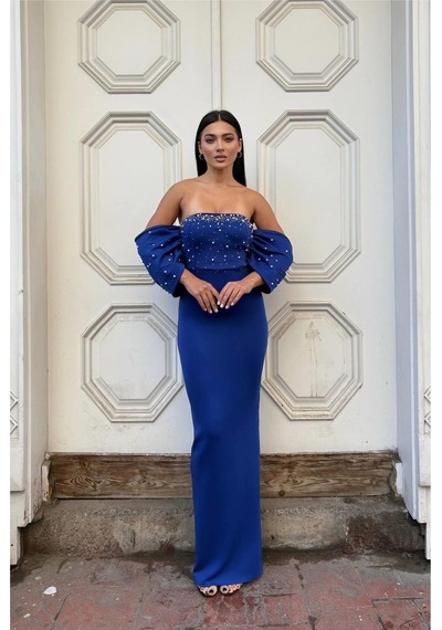 Lior Design Kadın İnce İşçilik Esnek Tül Kumaş Straplez Abiye Elbise Saks