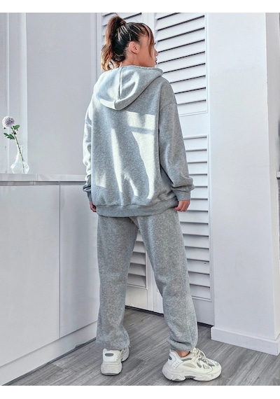 Eşofman Takımı Sweatshirt Jogger - Gri Baskılı Oversize Şardonlu Kapüşonlu Gri
