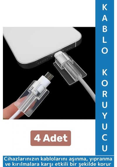 Premium Telefon Şarj Kablosu Aşınma Yıpranma Kırılma Önleyici Şeffaf Silikon Kablo Koruyucu 4 Adet
