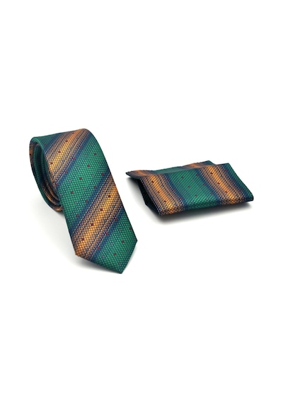 Gaffy Bej Verev Desenli Zümrüt Yeşil Dokuma Kumaş Mendilli Slim Fit Kravat // Sdk-2505-7 Yeşil