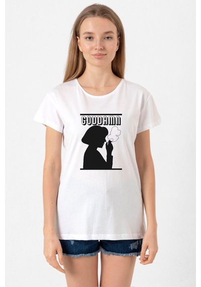 Pulp Fiction Goddamn Beyaz Kadın Bisikletyaka Tshirt Beyaz