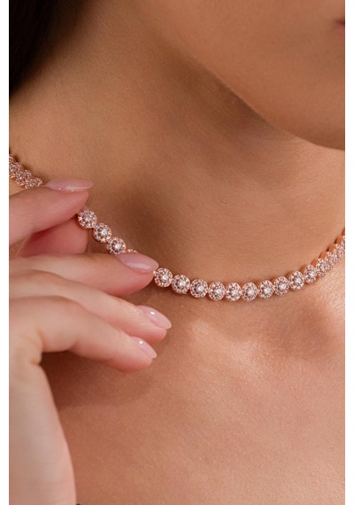 Gümüş Rose Gold Kaplama Beyaz Zirkon Taşlı Pırlanta Modeli Su Yolu Choker Tasma Kolye Rose