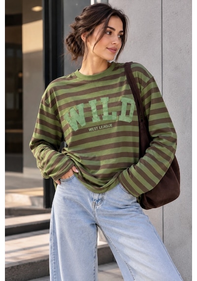 Bbbutikbasic Wild Baskılı Çizgili Uzun Kollu Kadın Sweatshirt My3535 Yeşil