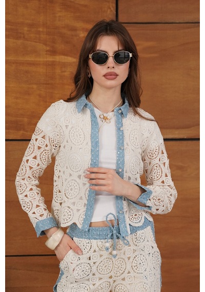 Verymoda Dantel Detaylı İnci Düğmeli Uzun Kollu Kadın Gömlek- - F1945 Ham Mavi