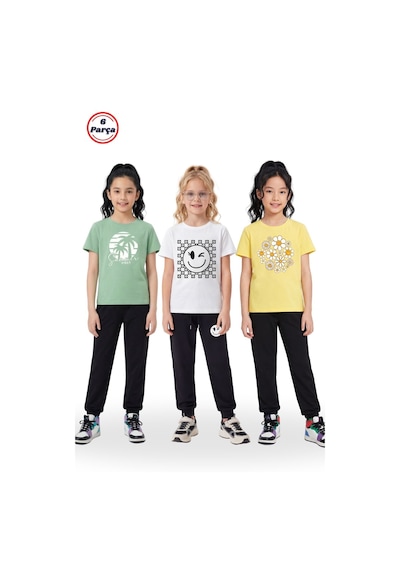 Fyk Kids 3 Lü Yuvarlak Yaka Tişörtlü Baskı Detaylı Kız Çocuk 6 Parça Alt Üst Takım Mint Yeşili - Beyaz - Sarı