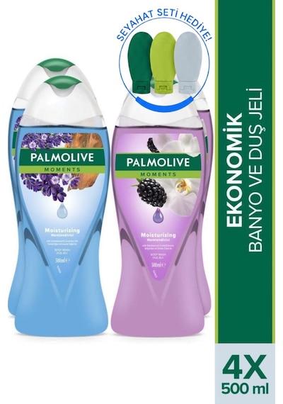 Palmolive Moments Sandal Ağacı Lavanta & Böğürtlen Orkide Nemlendirici Duş Jeli 4 x 500 ML + Seyahat Kiti