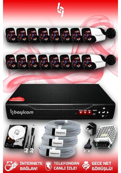 Bayicam 16 Kameralı Panda 16 Dış Kamera Set 1 TB HDD Full HD Gece Görüşlü Güvenlik Kamerası Sistemi