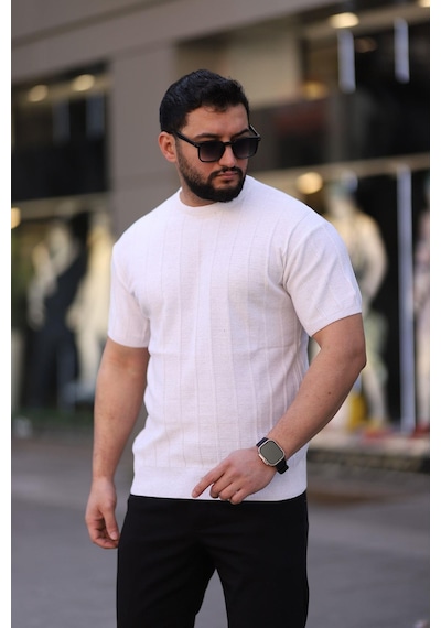 Bisiklet Yaka Kısa Kol Erkek Örme Triko Tişört Beyaz
