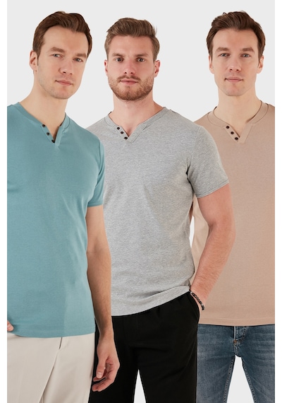 Buratti Pamuklu Düğme Detaylı Slim Fit V Yaka 3'Lü Paket Erkek T Shirt 5902122S3 Açık Mavi-Gri Melanj-Taş