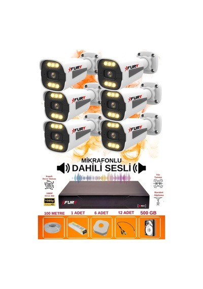 Fury 6 Lı Sesli 6 Warm Led Gece Renkli Görüş Su Geçirmez Güvenlik Kamerası Seti 500gb