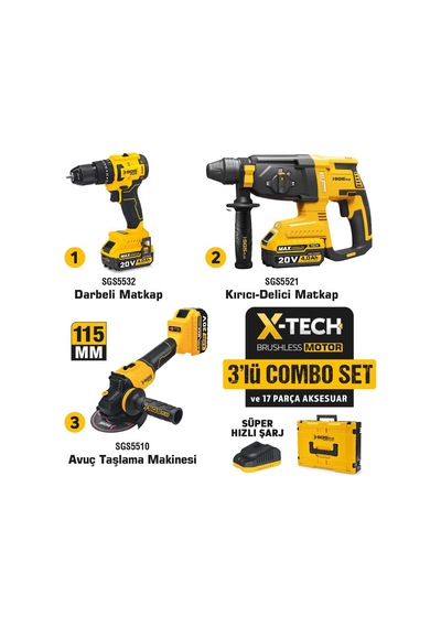 Sgs Combo Set 3 Parça Darbeli Matkap/kırıcı-delici Matkap/avuç Taslama Makinesi Sgs5450