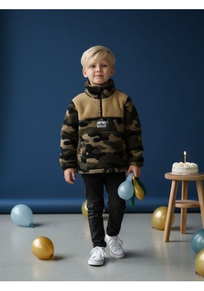 Zekids Erkek Çocuk Kamuflaj Desen Yarım Fermuarlı Polar Sweatshirt-16421 Haki