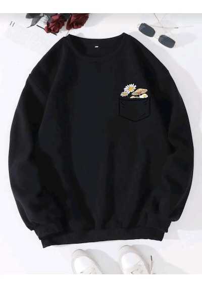 Kozia Outdoors O Yaka Baskılı Oversize Unisex Sweatshirt Siyah