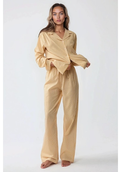 Hiccup Çizgili Pamuklu Pijama Takımı Limon Sarısı