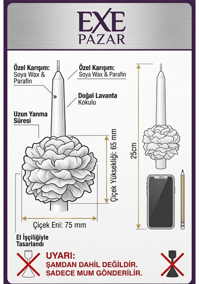 Exe Pazar 3 Lü Gümüş Yaldız Beyaz Şakayık Detaylı Şamdan Mumu Ve 3'lü Tealight Seti Beyaz