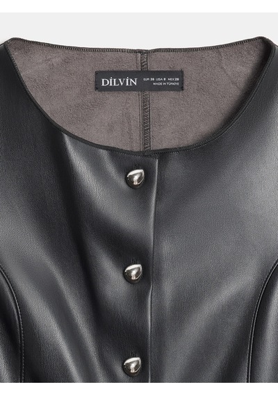 Dilvin 60602 Metal Düğmeli Suni Deri Yelek-siyah Siyah