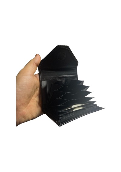 Bons Kaliteli Hakiki Deri Mıknatıslı 10 Gözlü Siyah Akordiyon Model Kartlık 10,5 Cm X 8 Cm Siyah