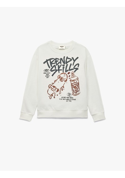 Koton Uzun Kollu Bisiklet Yaka Baskılı Sweatshirt Ekru 7wkb10191tk