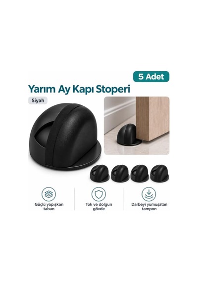Yarımay Yapışkanlı Kapı Kolu Stoperi, Metal Kapı Tamponu, Koruyucu Kapı Durdurucu 5, Siyah