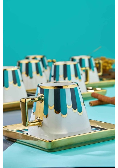 Cooker Valera Gold Yaldızlı 6 Kişilik 220 Ml Porselen Çay Ve Kahve Fincan Takımı Ckr3462 Yeşil