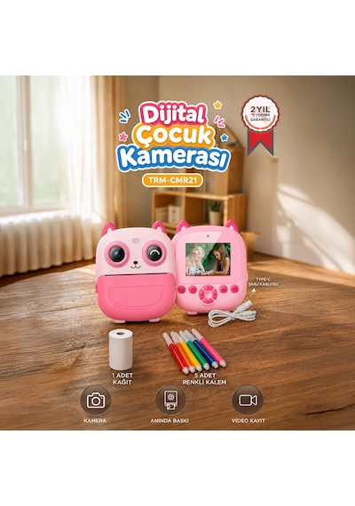 Torima Cmr-21 Pembe Dijital Video Kayıt Fotoğraf Çocuk Kamerası Termal Resim Kağıt Baskılı Yazıcı