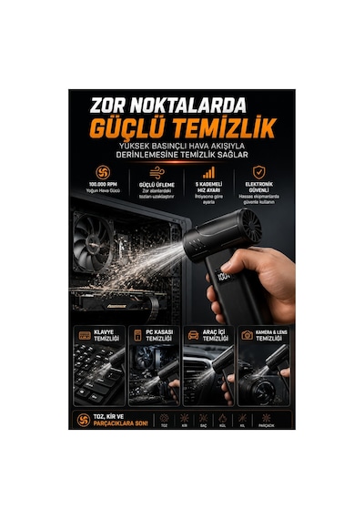 Robeve Süper Güçlü Üfleyici Şarjlı Fan Turbo Fan 130000 Rpm Güçlü Fan Vantilatör Üfleyici Süper Turbo Fan Yüksek Hızlı Fırçasız Motor Mini Jet Üfleyici