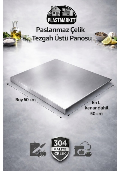 Paslanmaz Çelik Tezgah Üstü Kesme Doğrama Yoğurma Tahtası - L Kenar - Xl Ekstra Büyük Boy Metalik