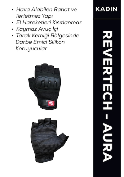 Revertech Aura Siyah / Yarım Parmak - Kaymaz Avuç İçi Kadın Motosiklet Eldiveni