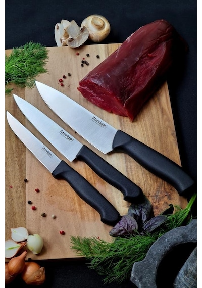 Stevig Cut 4 Chef's Kitchen Şef Ve Sebze Bıçak Seti 17,5 Cm 15 Cm Ve 12,5 Cm St-400.001 - St-400.002 - St-400.003 Siyah