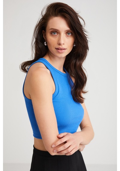 Ethıquet Joyce Kadın Slim Fit Dar Kalıp Sıfır Kol Bisiklet Yaka Örme Crop Mavi Atlet