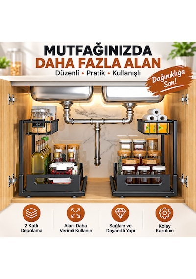 2 Katlı Çekmeceli Mutfak Rafı Organizer Dolap İçi Baharatlık Yağlık Şişelik Tezgah Üstü Düzenleyici Siyah