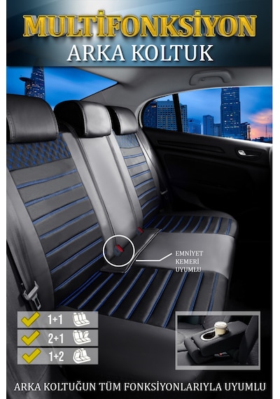 Kia Stonic Lüx Deri Oto Koltuk Kılıfı Ön Arka Takım Safir Serisi Siyah Mavi