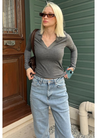 Madmext Antrasit Polo Yaka Fitilli Kadın Body Mg2566 Antrasit