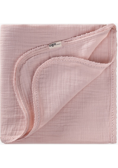 Dantel İşlemeli Tekkat Müslin Battaniye 100x100 CM +/- 3 Cm Pudra Pembe Pudra